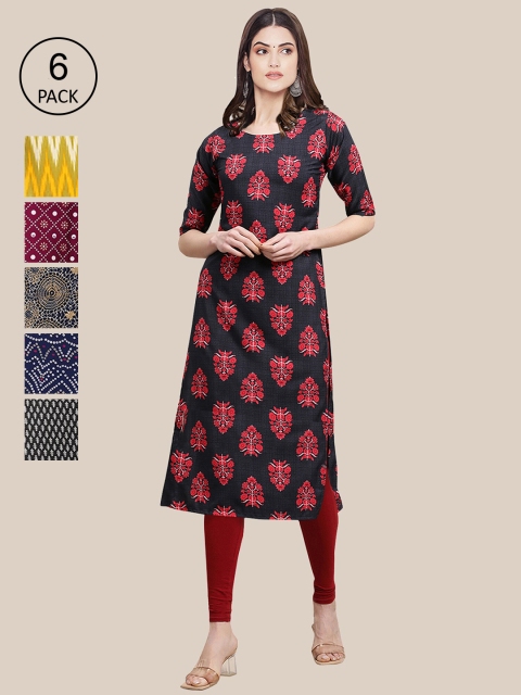 

KALINI Women Pack Of 6 Geometric Printed Summer Sheers Crepe Kurtas, Black