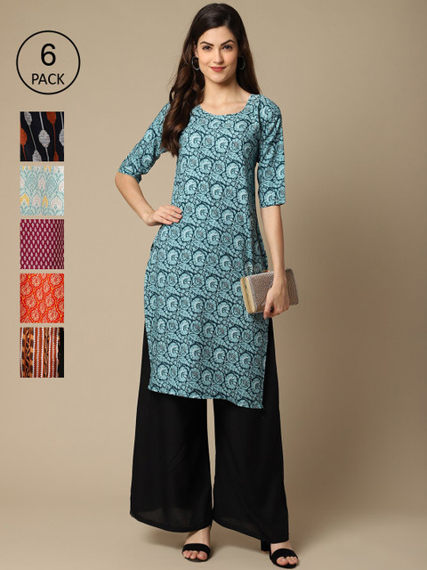 

KALINI Pack Of 6 Women Printed Crepe Kurta, Blue