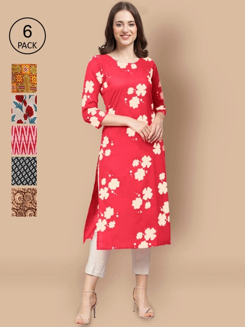 

KALINI Pack Of 6 Women Printed Straight Crepe Kurta, Red