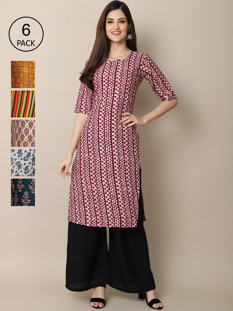 

KALINI Women Pack Of 6 Printed Crepe Kurta, Multi