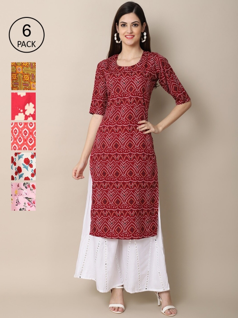 

KALINI Women Pack of 6 Maroon & Mustard Yellow Ethnic Motifs Printed Crepe Kurta