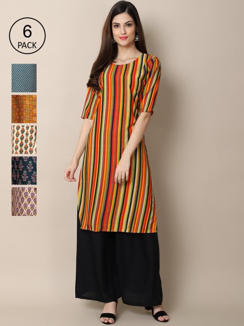 

KALINI Women Pack Of 6 Women Printed Crepe Kurta, Orange