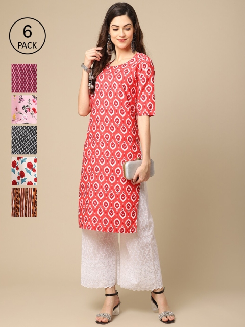 

KALINI Pack Of 6 Women Printed Straight Crepe Kurta, Pink