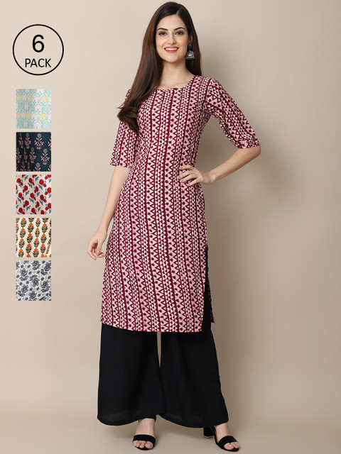 

KALINI Women Pack of 6 Digital Printed Crepe Straight Kurtas, Maroon