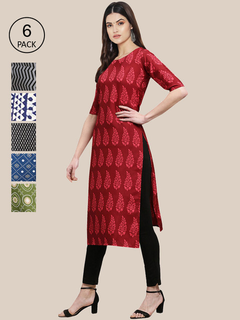 

1 Stop Fashion Pack Of 6 Women Printed Straight Crepe Kurta, Black