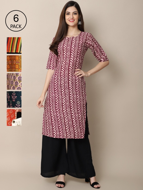 

1 Stop Fashion Women Pack Of 6 Printed Crepe Straight Kurta, Mustard
