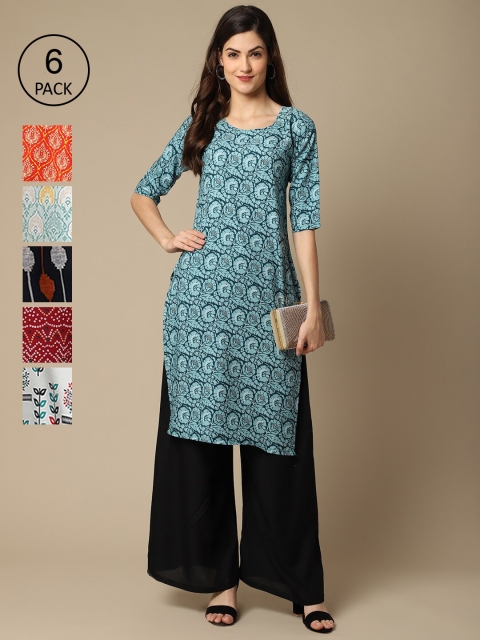 

1 Stop Fashion Women Pack Of 6 Printed Summer Sheers Crepe Kurtas, White