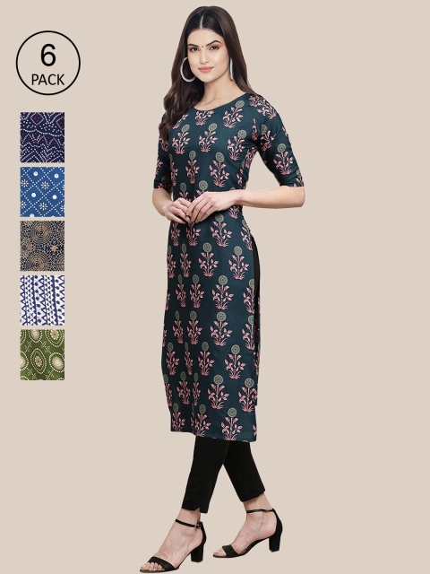 

1 Stop Fashion Pack Of 6 Women Printed Crepe Kurta, Blue