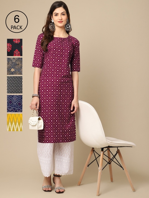 

1 Stop Fashion Women Pack Of 6 Geometric Printed Summer Sheers Crepe Kurtas, Maroon
