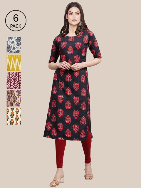 

1 Stop Fashion Pack Of 6 Women Printed Crepe Kurta, Black