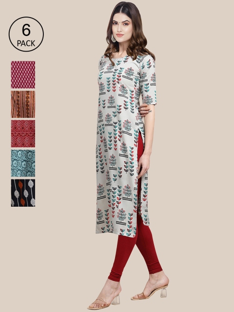 

1 Stop Fashion Pack Of 6 Women Printed Straight Crepe Kurta, Red