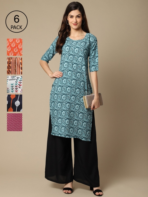 

1 Stop Fashion Women Pack Of 6 Printed Crepe Straight Kurta, Blue
