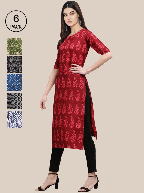 

1 Stop Fashion Pack Of 6 Women Printed Straight Crepe Kurta, Blue