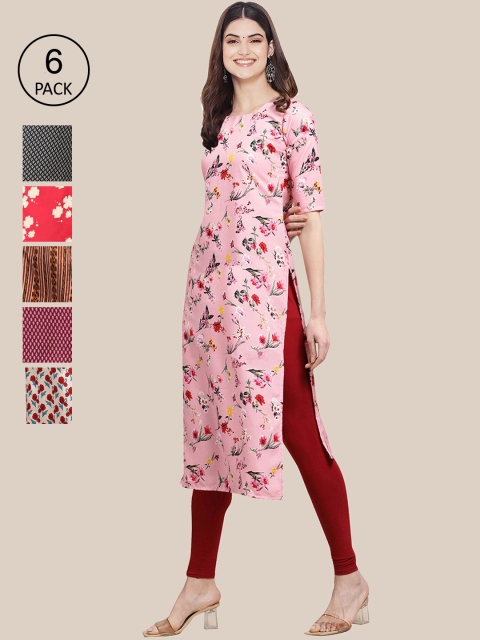

1 Stop Fashion Women Pack Of 6 Printed Crepe Straight Kurta, Pink
