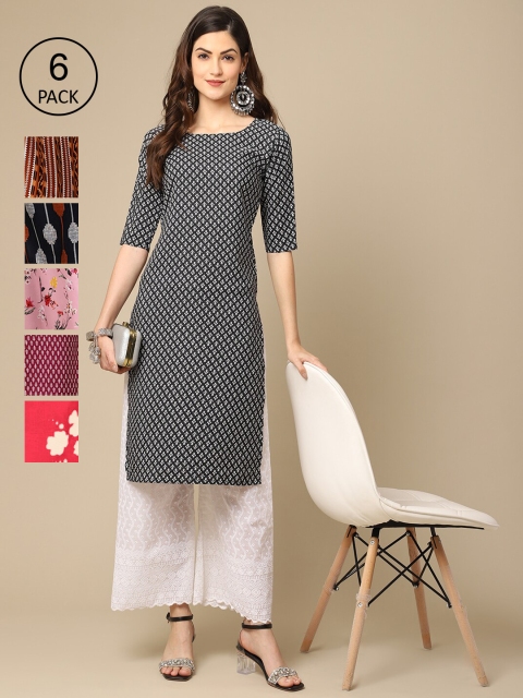 

1 Stop Fashion Pack Of 6 Women Printed Crepe Kurta, Black