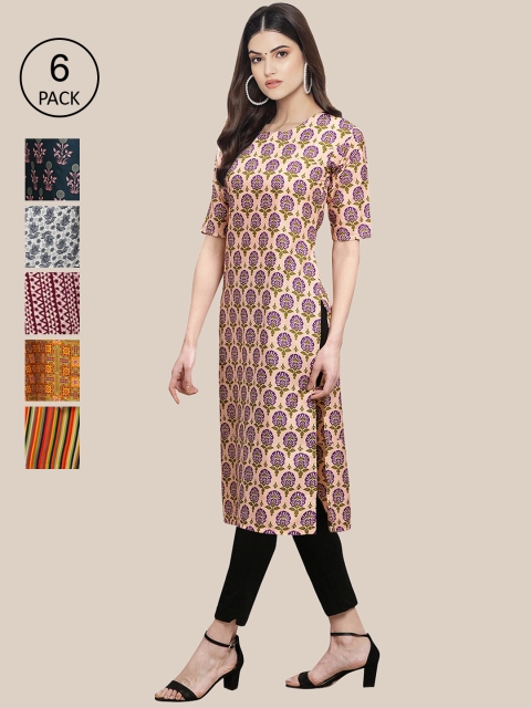

1 Stop Fashion Pack Of 6 Women Printed Crepe Kurta, Beige