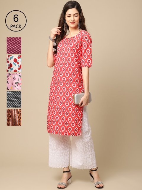 

1 Stop Fashion Pack Of 6 Women Printed Crepe Kurta, Red