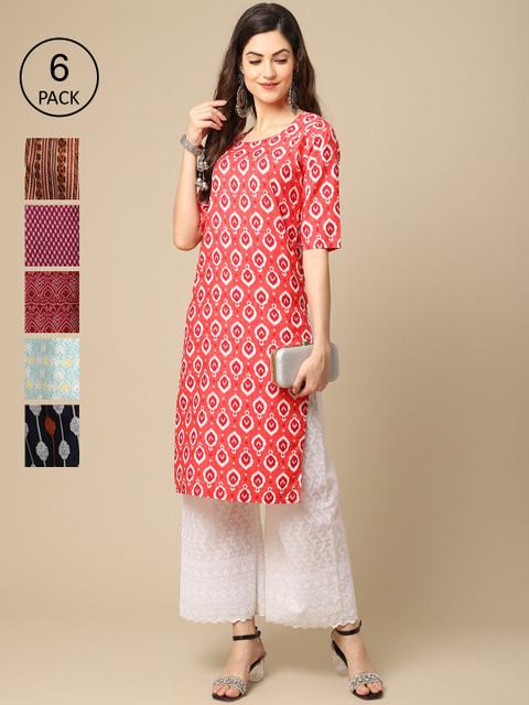 

1 Stop Fashion Pack Of 6 Women Printed Straight Crepe Kurta, Maroon