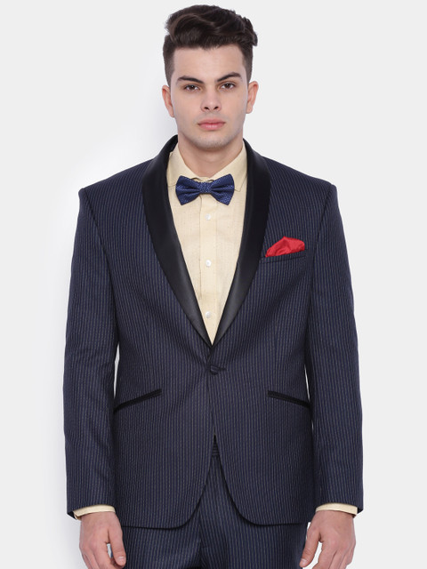 

SUITLTD Navy Blue Regular Fit Striped Single-Breasted Party Blazer