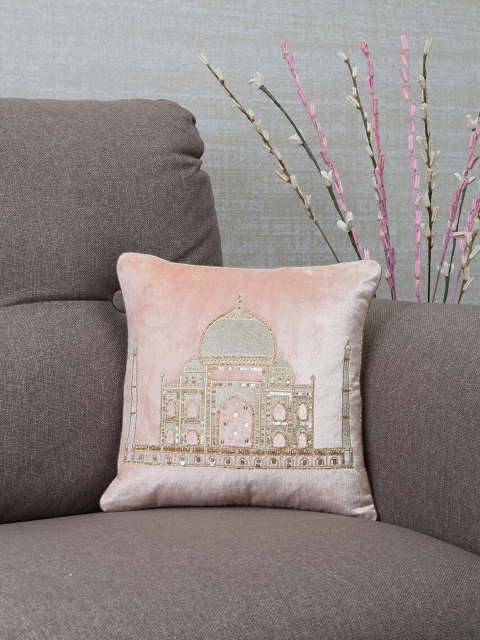 

HomeTown Pink & White Embroidered Velvet Square Cushion Cover