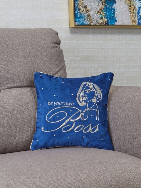 

HomeTown Blue & Gold-Toned Embroidered Velvet Square Cushion Covers