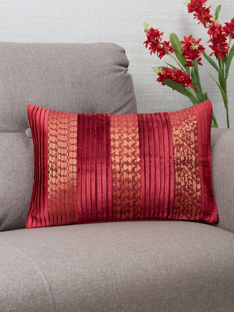 

HomeTown Maroon & Gold-Toned Striped Velvet Square Cushion Covers