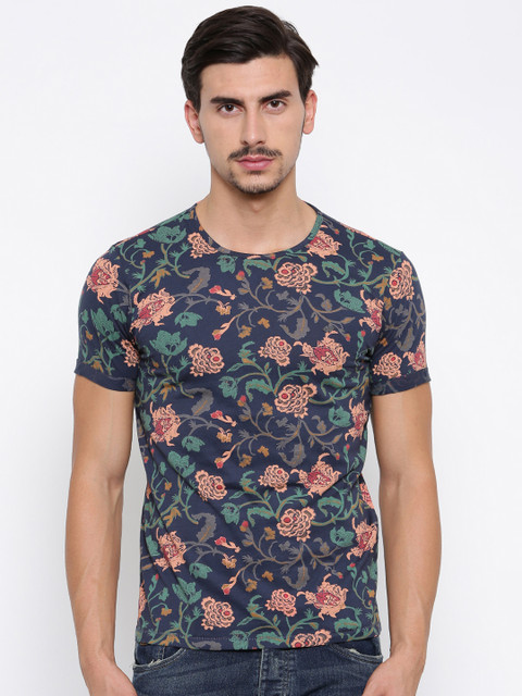 

Ed Hardy Men Navy Printed Round Neck Pure Cotton T-shirt, Navy blue