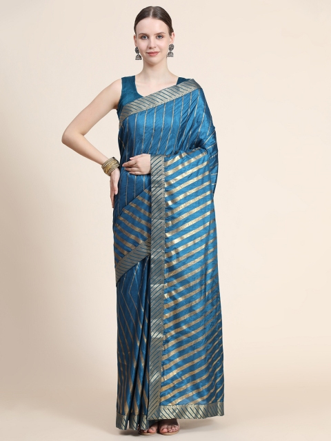 

AVANTIKA FASHION Teal & Gold-Toned Striped Zari Art Silk Banarasi Saree