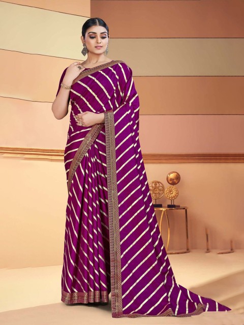 

AVANTIKA FASHION Purple & Gold-Toned Leheriya Zari Art Silk Banarasi Saree