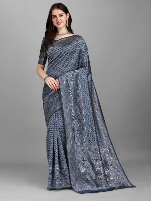 

YOYO Fashion Navy Blue & Silver-Toned Banarasi Saree