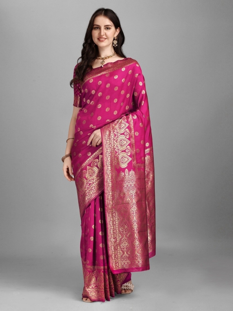 

YOYO Fashion Pink & Gold-Toned Woven Design Banarasi Saree