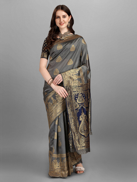 

YOYO Fashion Grey & Gold-Toned Woven Design Banarasi Saree