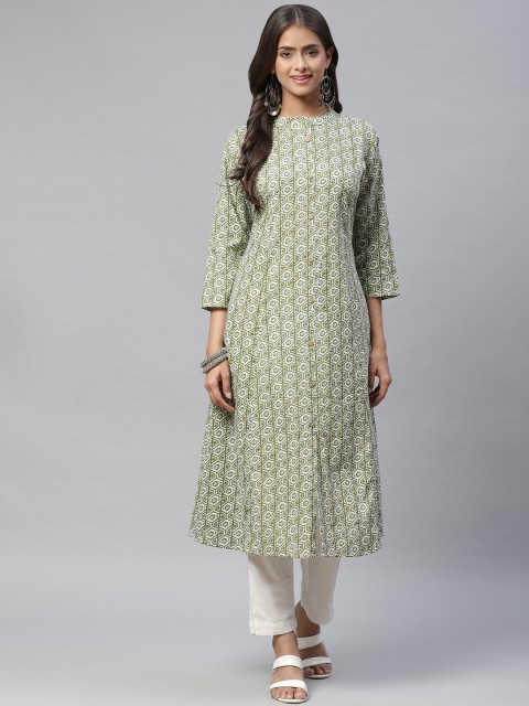 

Glorious Women Green & White Geometric Printed Thread Work Pastels Kurta