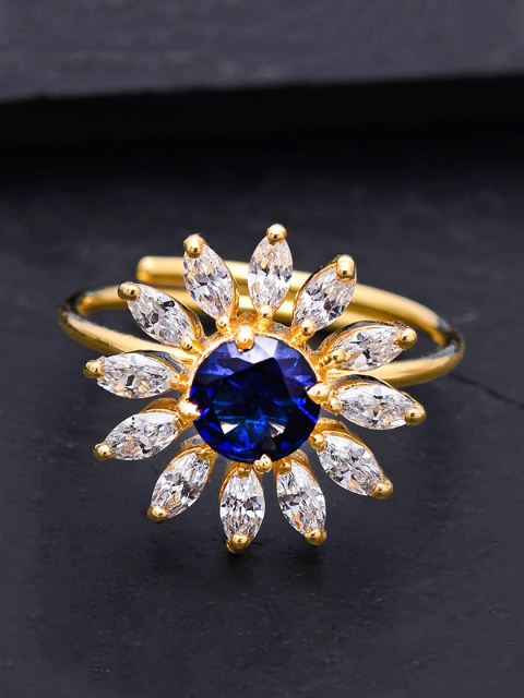 

Tistabene Gold-Plated Blue & White Stone-Studded Adjustable Finger Ring