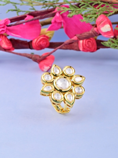 

Tistabene Gold-Plated & White Kundan Stone-Studded Adjustable Finger Ring