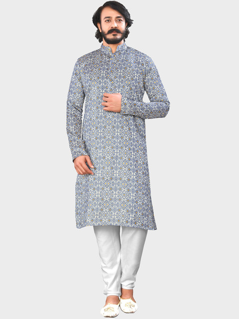 

amzira Men Blue Floral Printed Pleated Kurta with Pyjamas