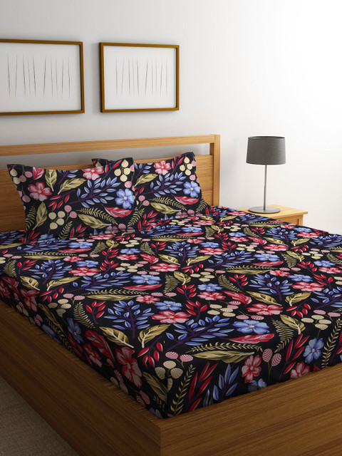 

KLOTTHE Black & Blue Floral 300 TC King Bedsheet with 2 Pillow Covers