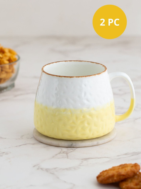 

CLAY CRAFT Set of 2 White & Yellow Textured Fine Ceramic Glossy Mug