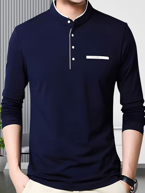

AUSK Men Blue Mandarin Collar T-shirt with Mask
