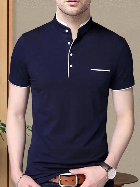 

AUSK Men Blue Mandarin Collar T-shirt with Mask