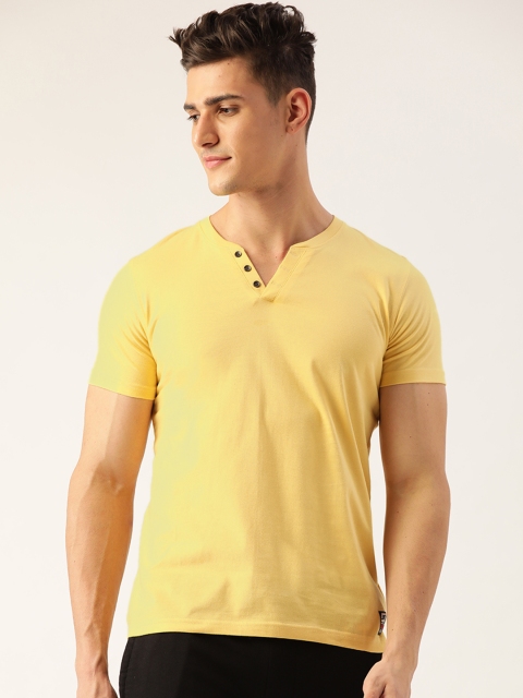 

Sweet Dreams Men Yellow Pure Cotton Solid Henley Neck Lounge T-shirt