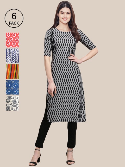 

Ethnic basket Women Pack Of 6 Printed Crepe Straight Kurta, Grey
