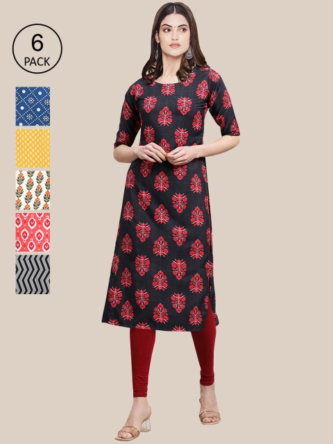 

Ethnic basket Pack Of 6 Women Printed Straight Crepe Kurta, Blue