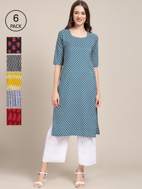 

Ethnic basket Pack Of 6 Women Printed Crepe Kurta, Blue