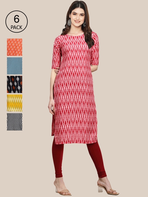 

Ethnic basket Pack Of 6 Women Printed Straight Crepe Kurta, Red