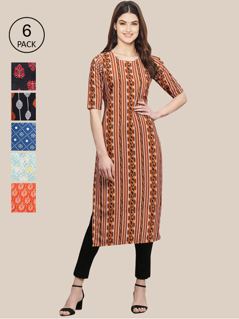 

Ethnic basket Women Pack Of 6 Printed Crepe Straight Kurta, Black