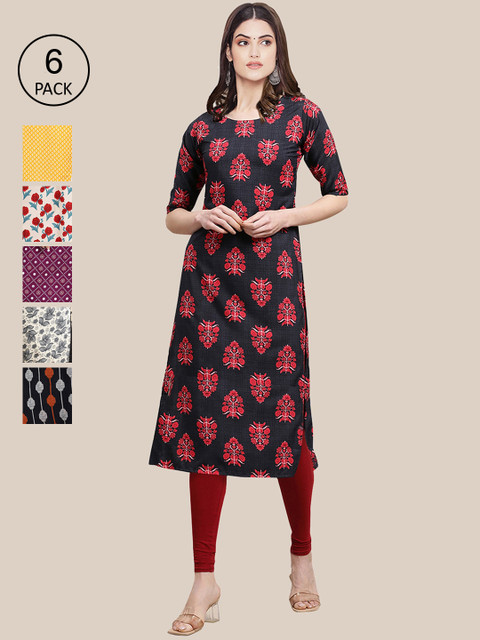 

Ethnic basket Women Pack OF 6 Ethnic Motifs Printed Crepe Kurta, Black