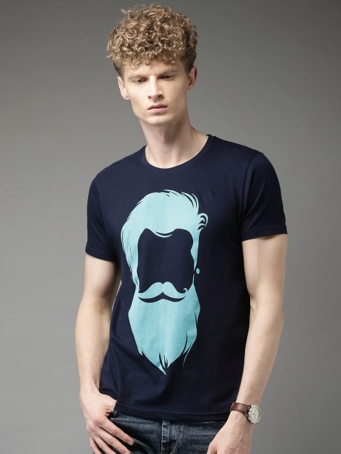 

HERE&NOW Men Navy Blue Printed Round Neck T-shirt