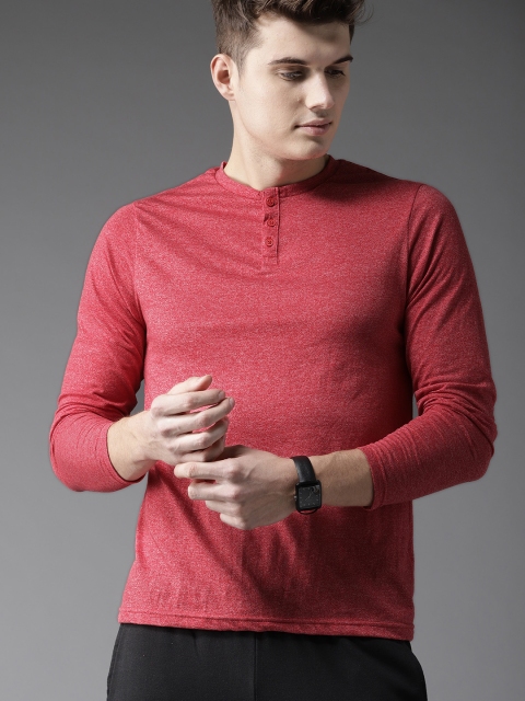 

HERE&NOW Men Coral Red Solid Henley Neck T-Shirt