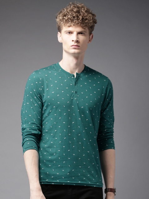 

HERE&NOW Men Green Printed Henley Neck T-Shirt